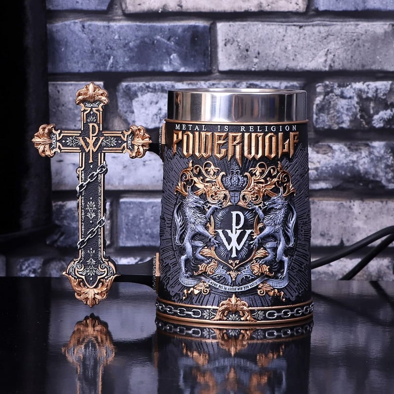 AC/DC Nemesis Now vas söröskorsó fémtankard kereszt fogantyúval Metal is Religion felirattal