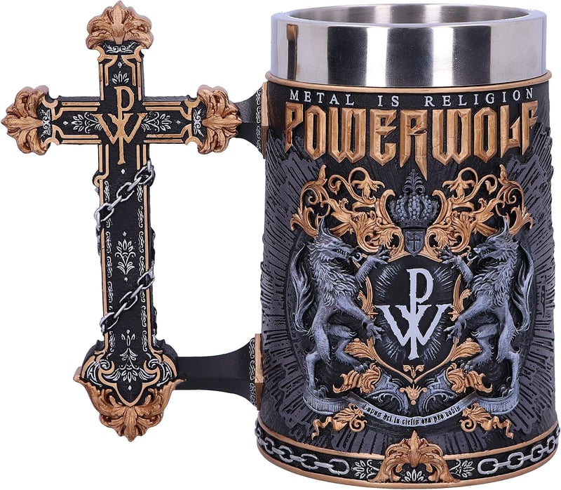 AC/DC Nemesis Now vas söröskorsó fémtankard kereszt fogantyúval Metal is Religion felirattal