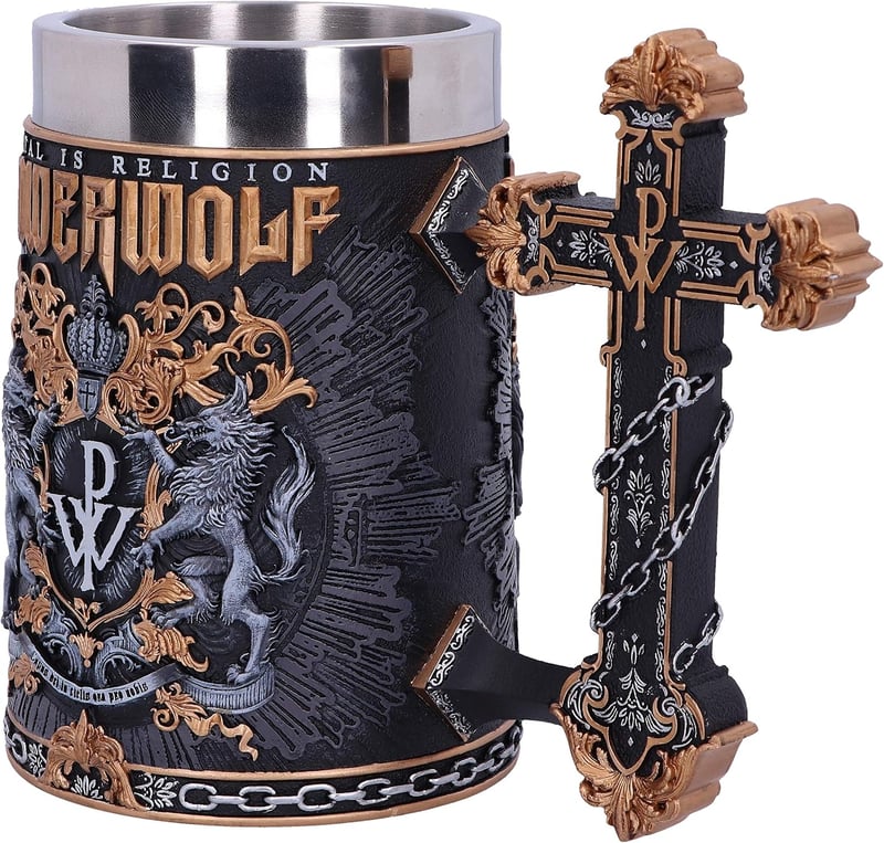 AC/DC Nemesis Now vas söröskorsó fémtankard kereszt fogantyúval Metal is Religion felirattal