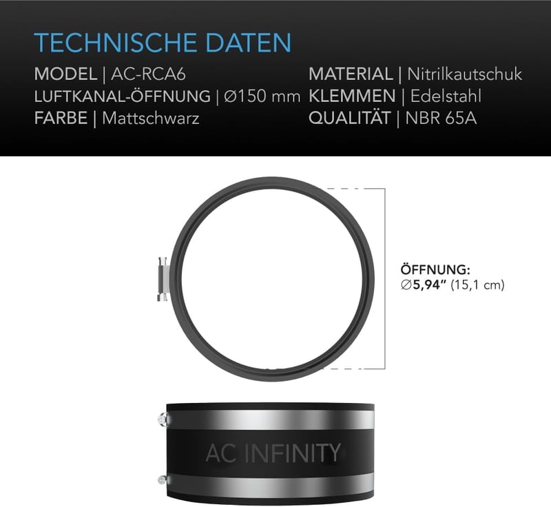 AC Infinity Zajcsökkentő Csatlakozó 150mm Rozsdamentes Acél Bilincsekkel
