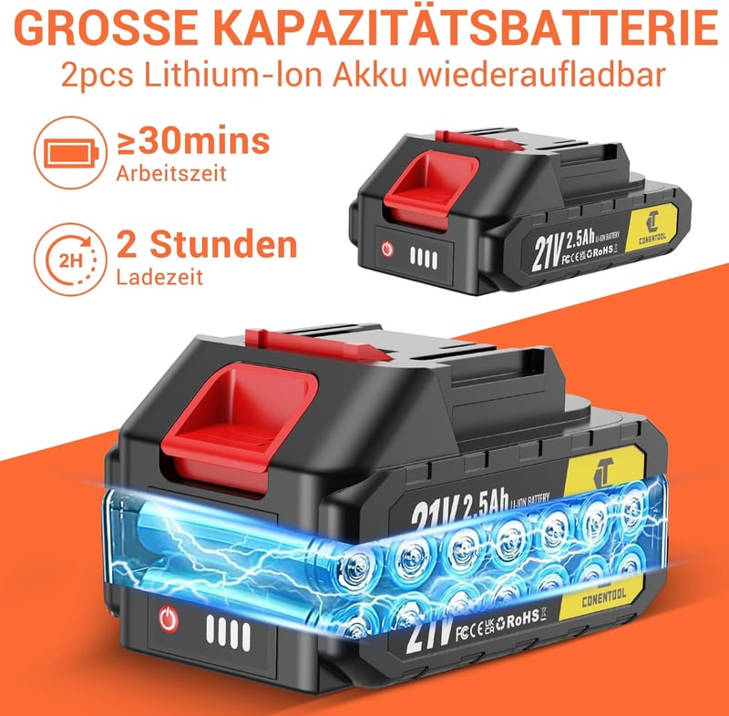 Conentool 6 Colos Mini Láncfűrész 5000 mAh - 2 Akkumulátorral és 2 Edzett Lánccal, 650W Akkus Kézi Láncfűrész Metszéshez és Favágáshoz