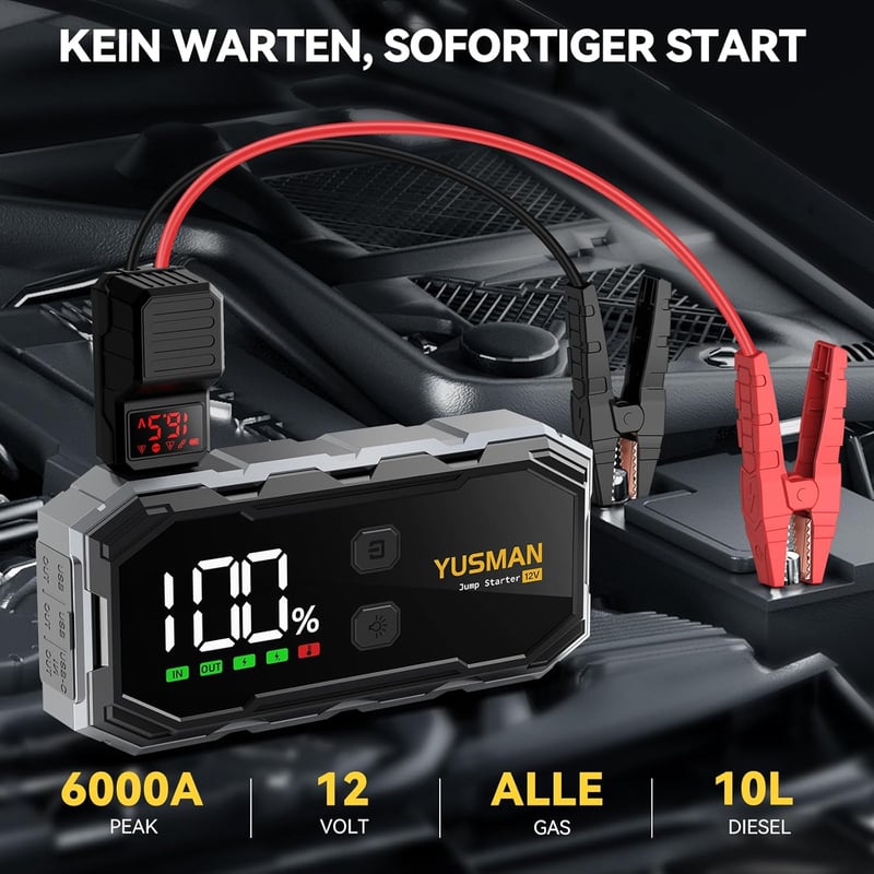 YUSMAN 6000A Autós Bikázó Powerbank 21800mAh - 12V Indításrásegítő Minden Autóhoz, LCD Kijelzővel, 4 LED Világítási Móddal és Gyorstöltéssel