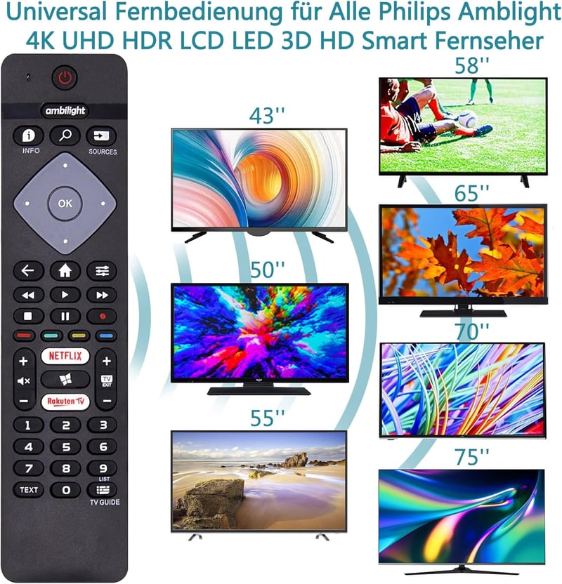 FOXRMT Univerzális Távirányító Philips Ambilight 4K Smart TV-hez - Előre Programozott Csere Távirányító Netflix Gombbal, 10m Hatótávolság