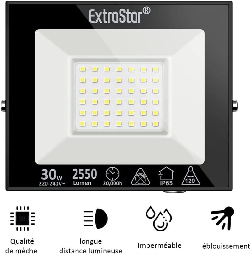 Extrastar LED Kültéri Reflektor 30W - IP65 Vízálló Biztonsági Világítás, 2550lm, 6500K Hideg Fehér, Kertbe, Teraszra (2 db)