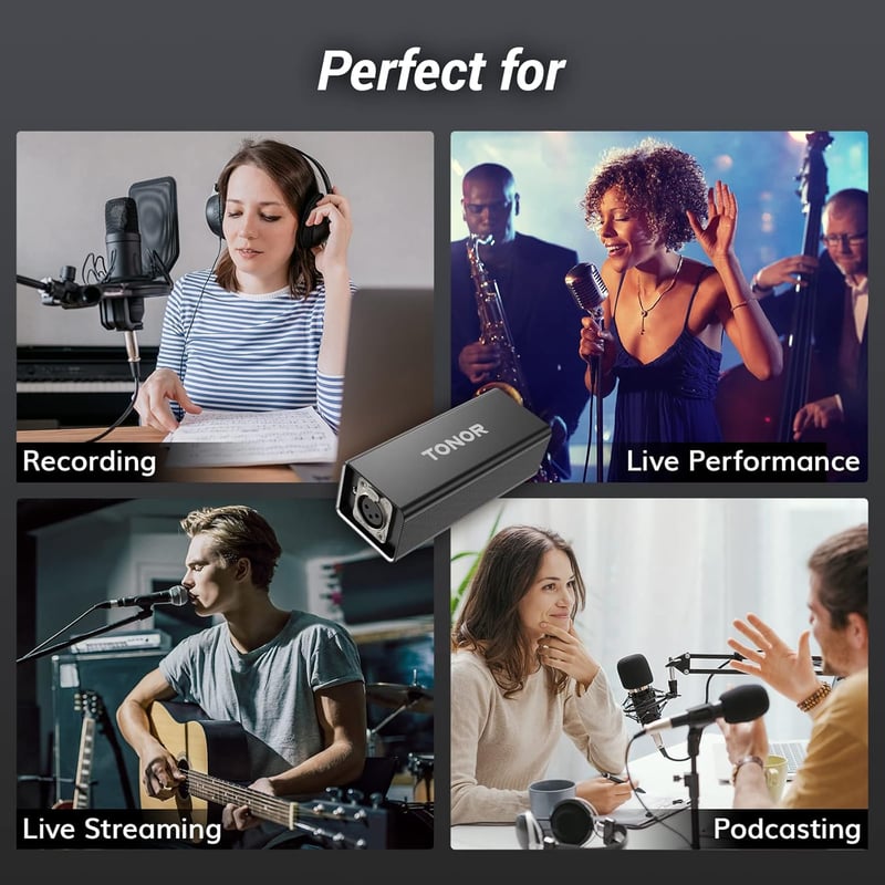 TONOR TA20 XLR Mikrofon Előerősítő - Dinamikus Mikrofonokhoz, 20dB Erősítés, SM7B Kompatibilis, Fém Ház, Podcast és Streaming Felvételekhez