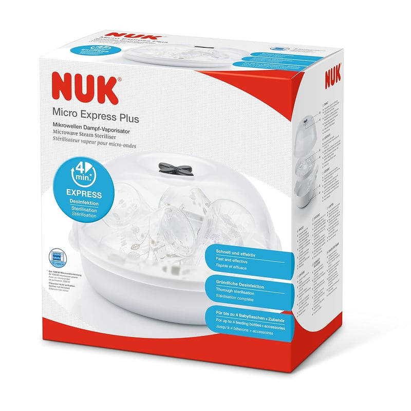 NUK Micro Express Plus Mikrohullámú Cumisüveg Sterilizáló - Gyors Fertőtlenítés 5 Percen Belül, Fehér, 570g, Babáknak