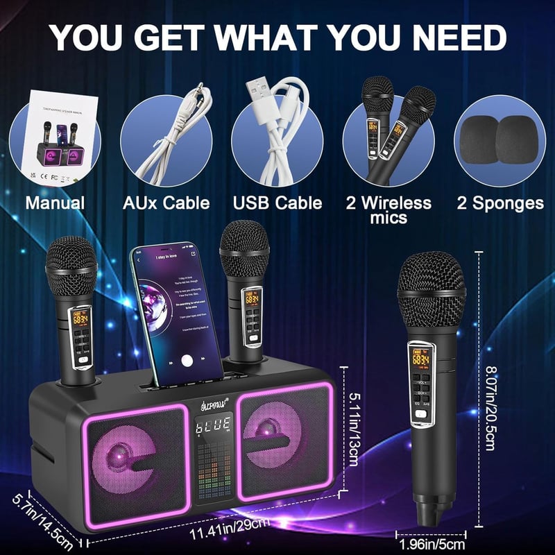 ALPOWL AL001 Karaoke Gép 2 Vezeték Nélküli UHF Mikrofonnal - Hordozható Bluetooth Hangszóró LED Fényekkel Otthoni Partikhoz, Esküvőkre