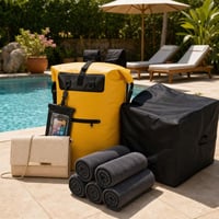 Set Complet de Plajă: geantă + 3 prosoape + rucsac impermeabil + husă pompă 1