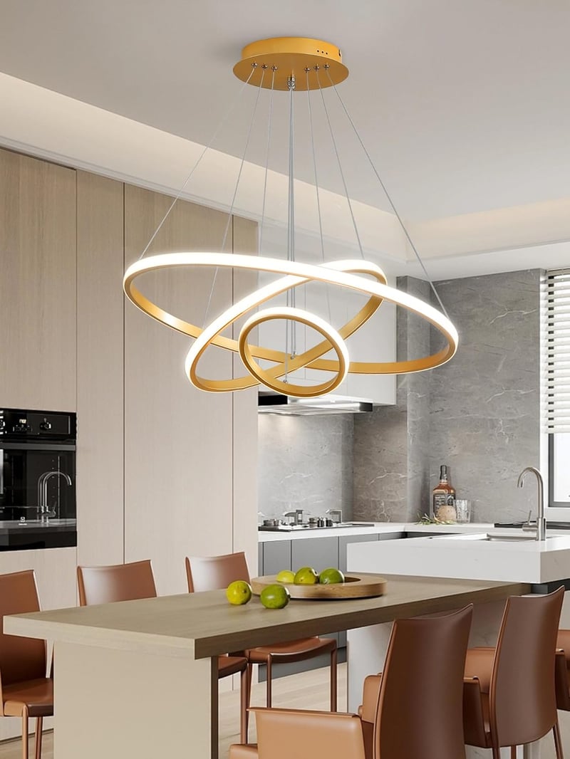 KAUCQI 180 cm LED Függőlámpa 3 Arany Gyűrűvel - Távirányítós, Dimmelhető, Állítható Magasságú Modern Csillár Étkezőbe, Nappaliba, Konyhába
