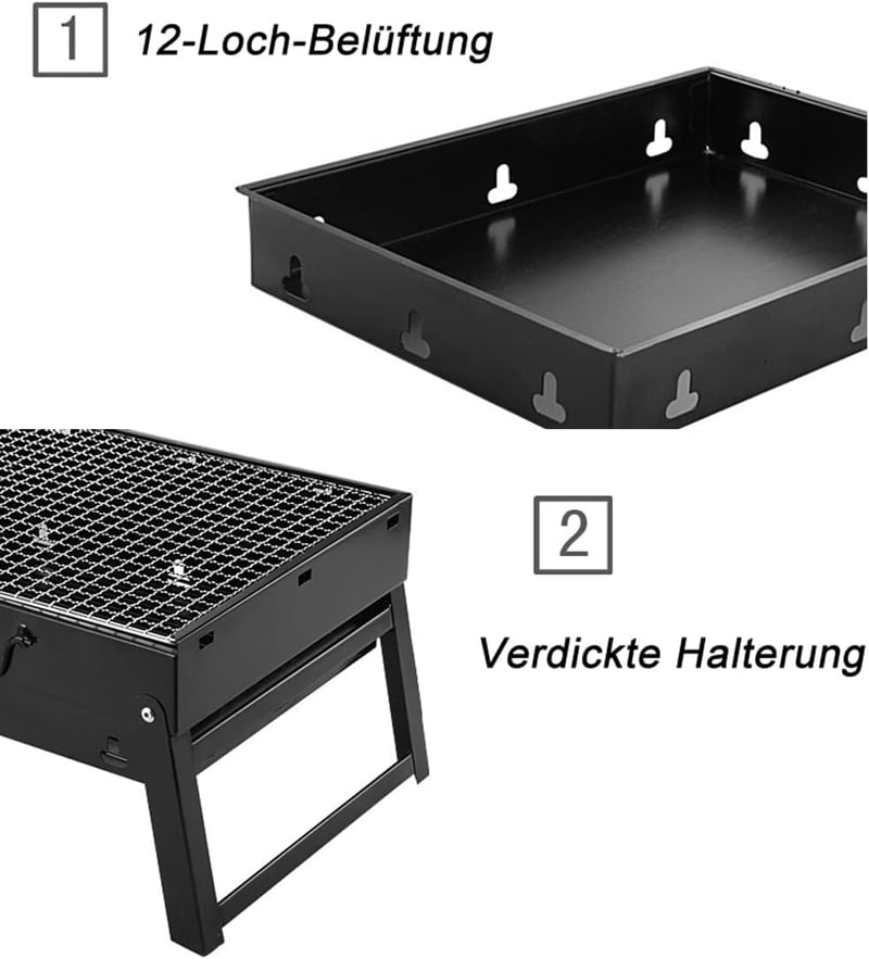 ROIMOE Hordozható Faszenes Grillsütő - Összecsukható Asztali BBQ Grill Kempingezéshez, Piknikezéshez, Fekete, Nagy Méret (43x29x22 cm)