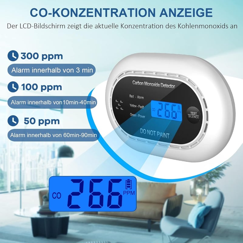 XINDUM LCD-s szénmonoxid riasztó 10 éves elemmel, otthoni használatra (fekete)