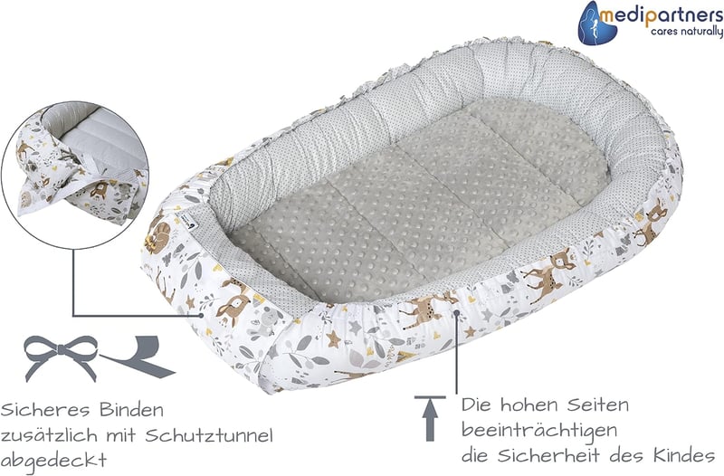 Medi Partners 5 Részes Babafészek Szett 100x60x15 cm - Kivehető Betét, Mászótakaró, Újszülött Baba Fészek 100% Pamut, Szarvas Mintás Szürke 