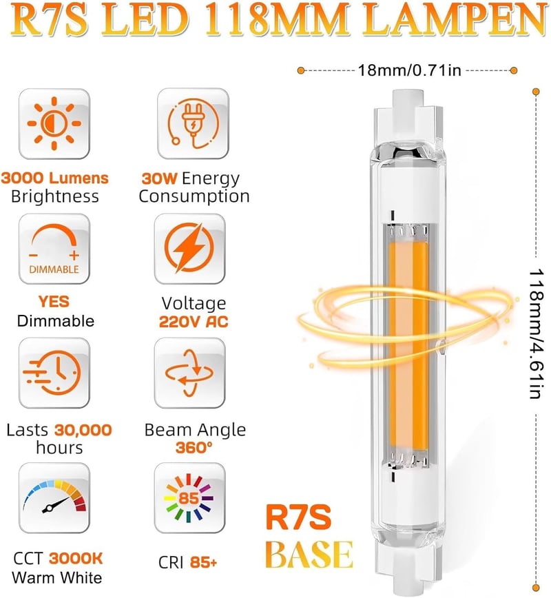 ACAATVE R7S LED 118mm 30W Dimmelhető Meleg Fehér 3000K 2db Halogén Helyettesítő