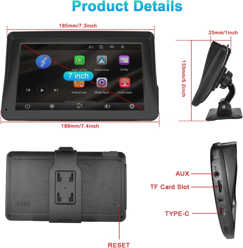 Podofo 7" Hordozható Autórádió IPS Érintőképernyővel - Vezeték Nélküli Apple CarPlay & Android Auto, Bluetooth, GPS Navigáció, FM, USB