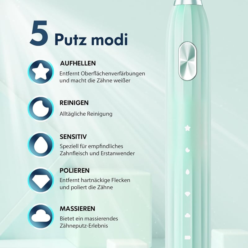 DADA-TECH Elektromos Fogkefe - Szónikus Technológia 5 Tisztítási Móddal, Időzítővel, 9 Pótfejjel, Felnőtteknek és Gyerekeknek (Zöld)