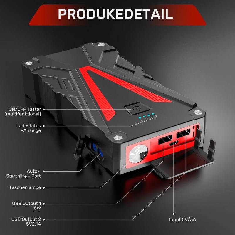 Buture Pro BR300 Hordozható Autós Bikázó 2500A - Indításrásegítő Powerbank 8.0L Benzin/7.0L Dízel Motorokhoz, LED Lámpával, Gyorstöltéssel