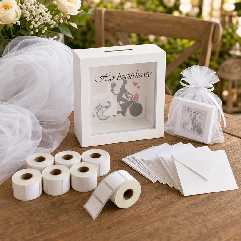 Svadobný set: pokladnička + organza + štítky + 50x karta s obálkou