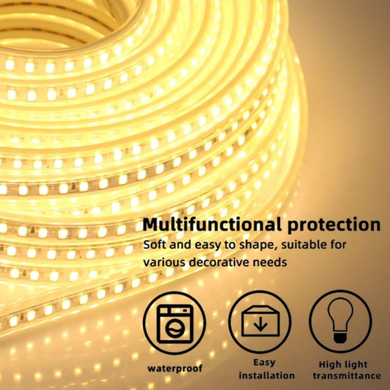 pcning LED Szalag 10m 230V 3000K Meleg Fehér IP67 Vízálló SMD 5730 120 LED/m Kültéri-Beltéri Világítás EU Csatlakozóval