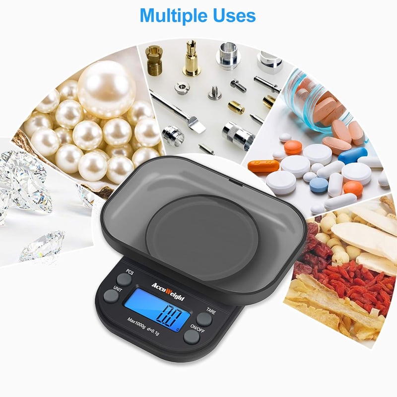 ACCUWEIGHT Digitális Zsebmérleg 1000g/0.1g - Rozsdamentes Acél, LCD Kijelző, 6 Mértékegység, Tára Funkcióval, Fekete