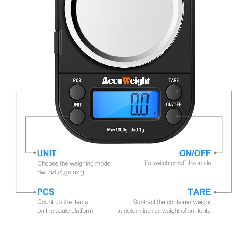 ACCUWEIGHT Digitális Zsebmérleg 1000g/0.1g - Rozsdamentes Acél, LCD Kijelző, 6 Mértékegység, Tára Funkcióval, Fekete