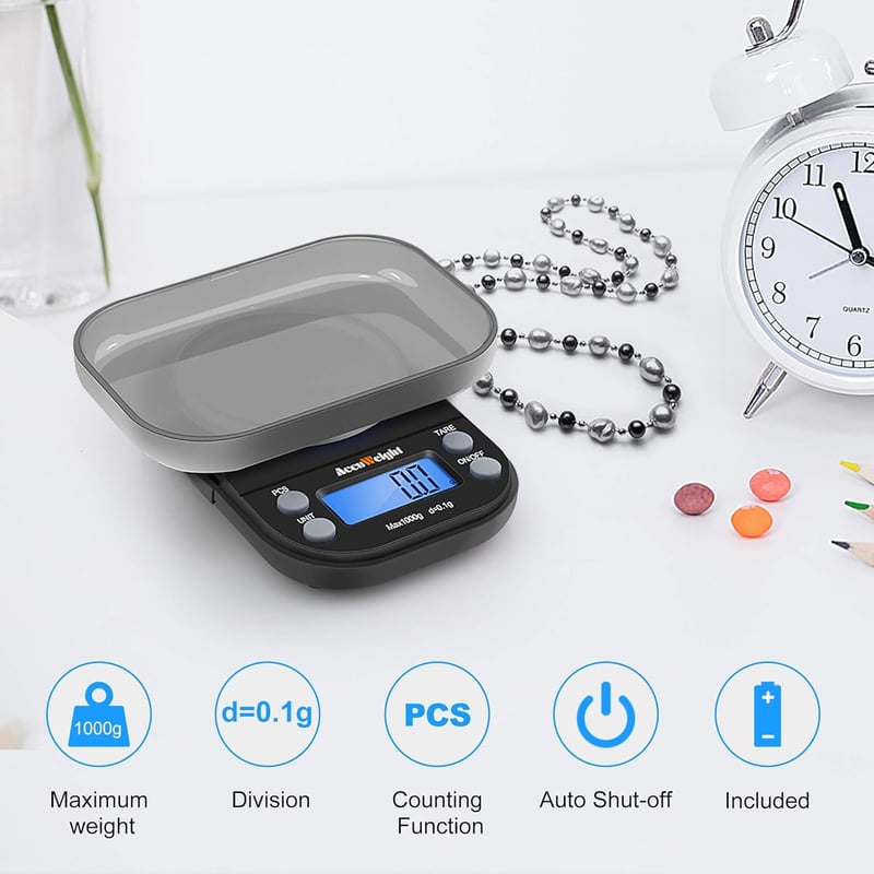 ACCUWEIGHT Digitális Zsebmérleg 1000g/0.1g - Rozsdamentes Acél, LCD Kijelző, 6 Mértékegység, Tára Funkcióval, Fekete