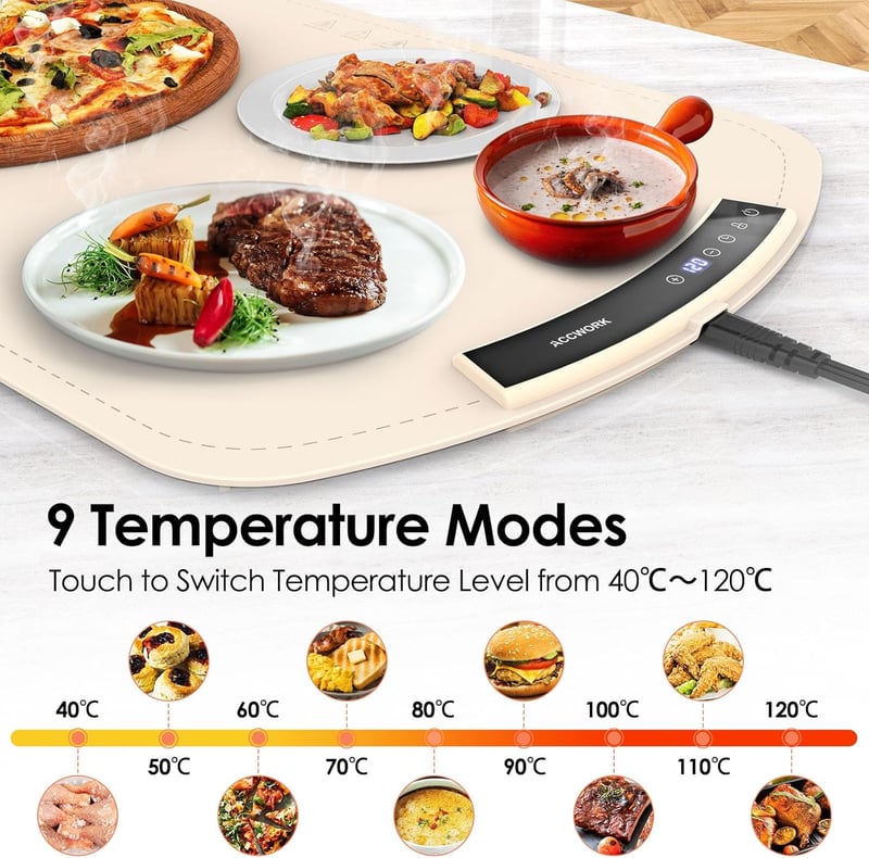 Accwork Elektromos Ételmelegítő Tányér 65x40cm, 40-120°C, 6 Időzítővel, Összecsukható Szilikon Fűtőlap