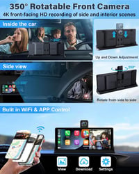 4K Carplay Autós Kijelző 10,26" 350° Forgatható Műszerfal Kamera, Android Kompatibilis, Bluetooth, Mirror Link, Siri, Google, 64GB TF Kártya 5