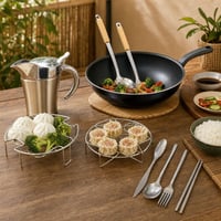Azijski wok set: wok tava + 2x pribor + 2x rešetka za parenje + set pribora za jelo + vrč za umak + zaimača 1