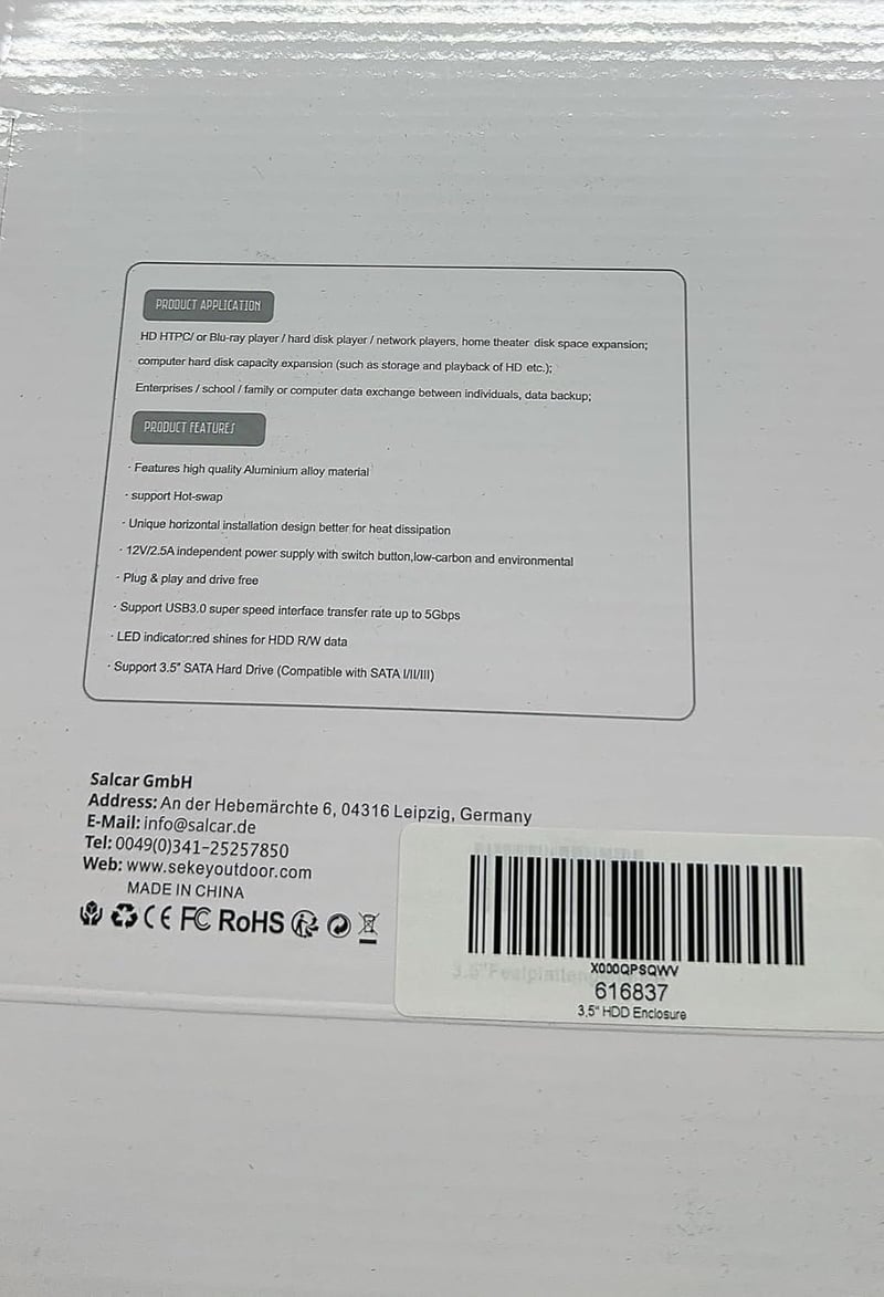 Salcar USB 3.0 külső merevlemez ház 3,5" SATA SSD és HDD-hez, 12V 2A tápegységgel
