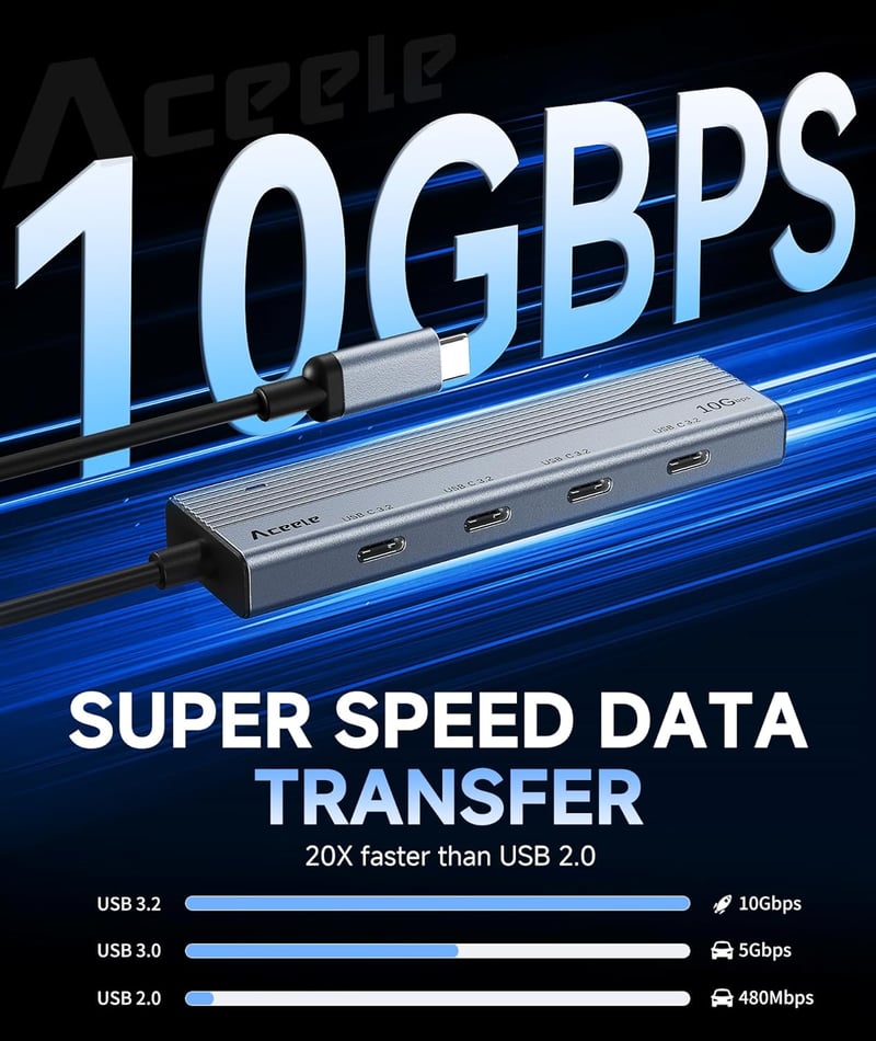 Aceele USB-C Hub 10Gbps 4 Port 100W tápellátás MacBook Pro/Air iPad Pro laptophoz