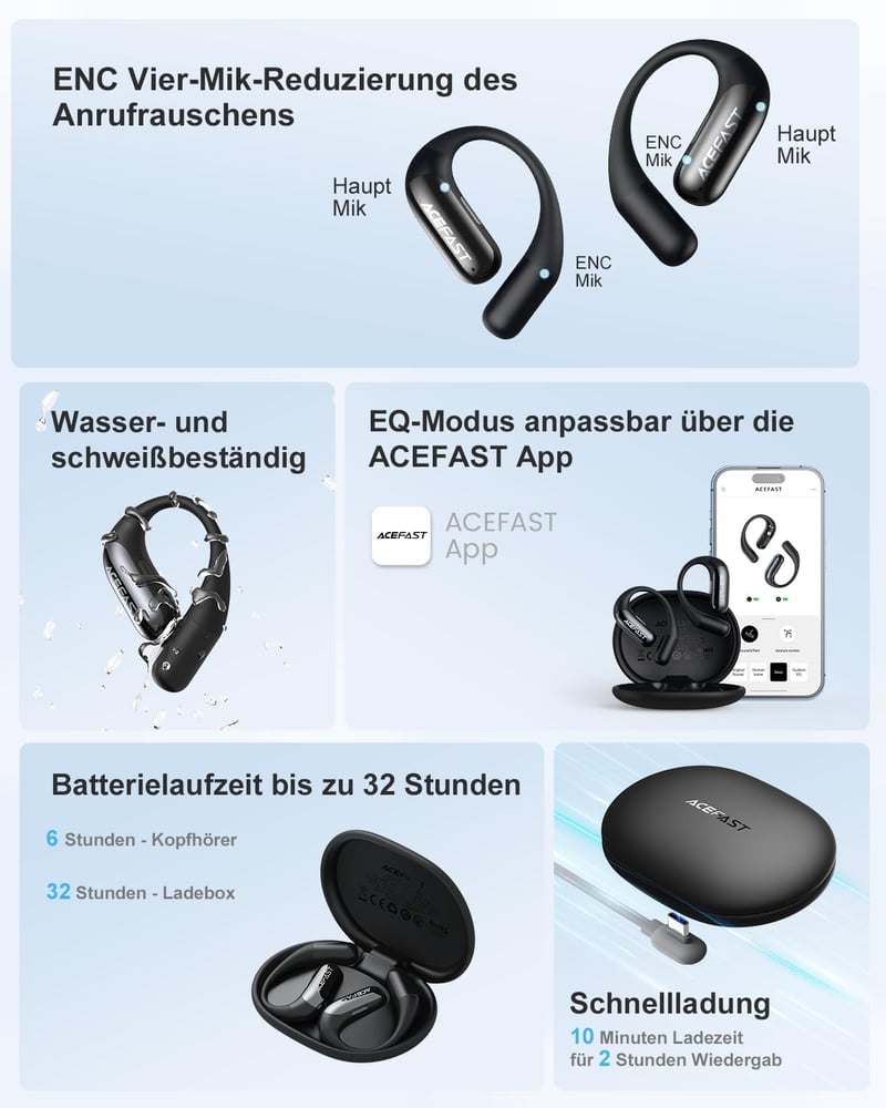 ACEFAST AceFit Air Nyitott Fülhallgató Bluetooth 5.4 Alkalmazással, Ultravékony Sportos Fejhallgató, Kényelmes Viselet, IP54 Védelem, Erőtel