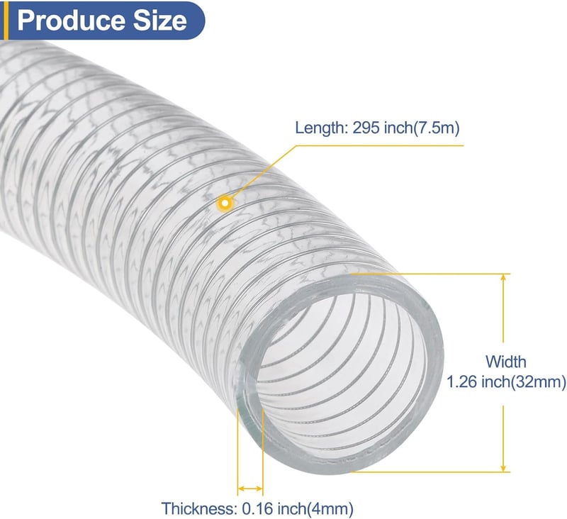 Acél Erősítésű PVC Tömlő 32mm/7,5m - Vegyszerálló Flexibilis Vinyl Cső Nagy Nyomású Szívótömlő Átlátszó