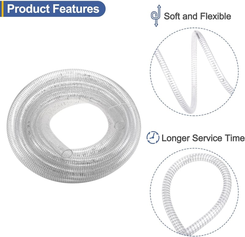Acél Erősítésű PVC Tömlő 32mm/7,5m - Vegyszerálló Flexibilis Vinyl Cső Nagy Nyomású Szívótömlő Átlátszó