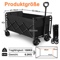 ACELIFE Skladací záhradný vozík, 150 l, nosnosť 150 kg, s nastaviteľnou rukoväťou a terénnymi kolesami, čierny, na kempovanie a do záhrady, 94x43x 2