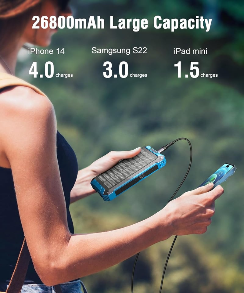 Acelufly Vezeték Nélküli Napelemes Power Bank 26800 mAh 4 Kábellel, USB-C 15W Gyorstöltő 6 Kimenet 3 Bemenet Mobil Tablet Külső Akkumulátor 
