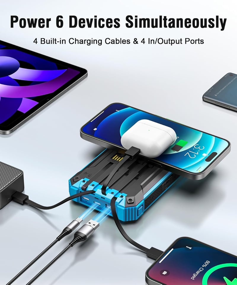Acelufly Vezeték Nélküli Napelemes Power Bank 26800 mAh 4 Kábellel, USB-C 15W Gyorstöltő 6 Kimenet 3 Bemenet Mobil Tablet Külső Akkumulátor 