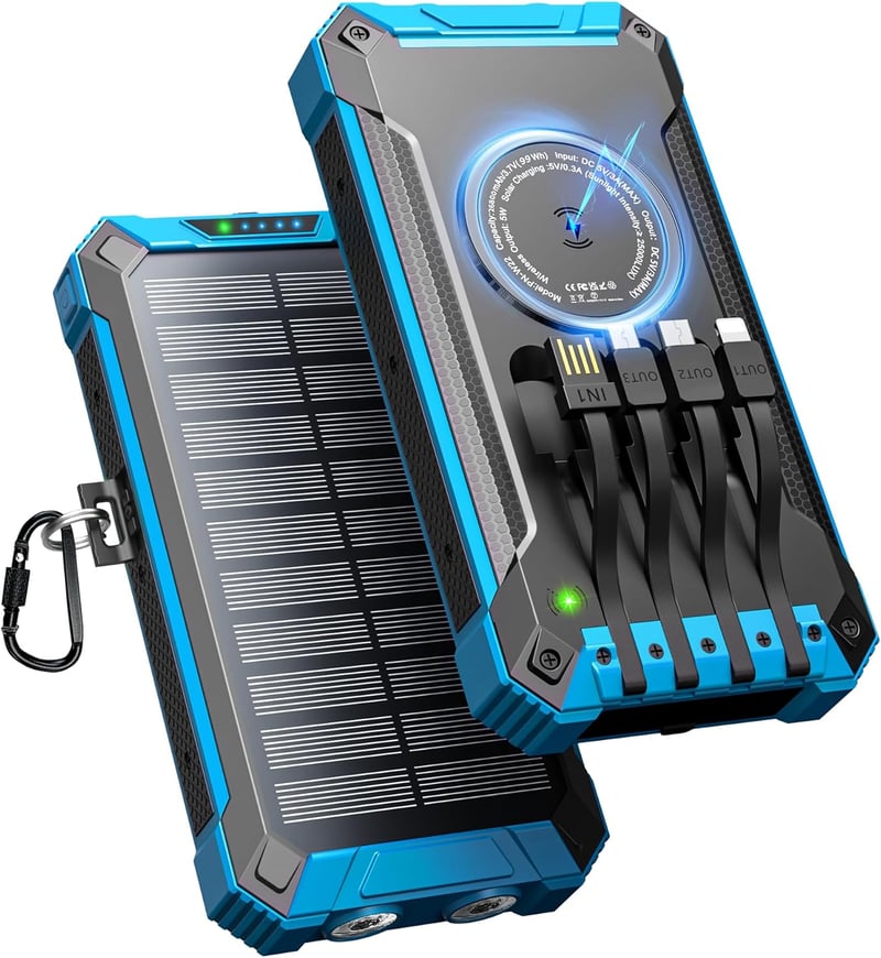 Acelufly Vezeték Nélküli Napelemes Power Bank 26800 mAh 4 Kábellel, USB-C 15W Gyorstöltő 6 Kimenet 3 Bemenet Mobil Tablet Külső Akkumulátor 