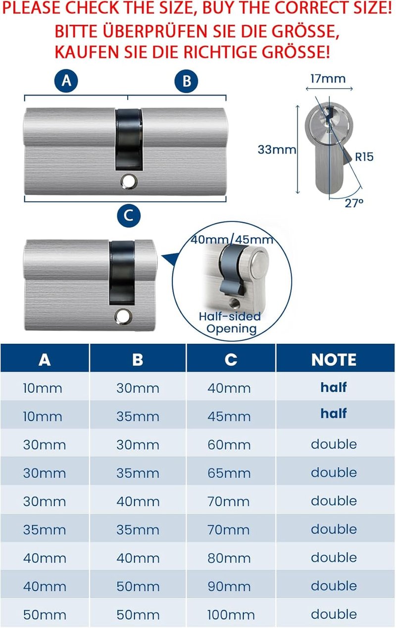 AceMining 30/40 mm Biztonsági Zárcilindr 70 mm, 3 Kulccsal, Fúrás- és Kiakasztásbiztos