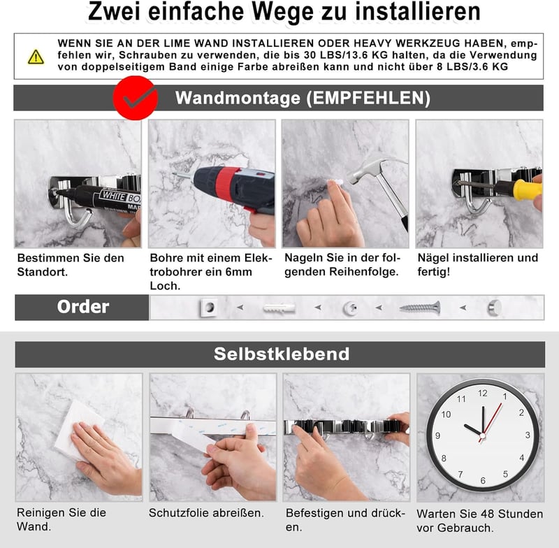AceMining Fali Seprűtartó Szett - 2db Rozsdamentes Acél Eszköztartó, 3 Tartóval + 4 Kampóval, Öntapadós és Csavarozható Kerti Szerszámtartó