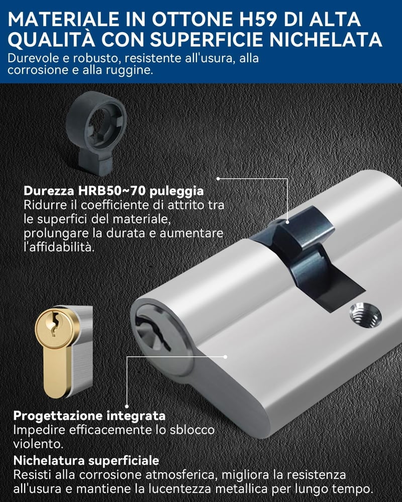 Cilindru pentru broască AceMining 10/35 mm, 45 mm, profil semi-cilindru pentru ușă, cu 3 chei, protecție împotriva găuririi, smulgerii și lovirii