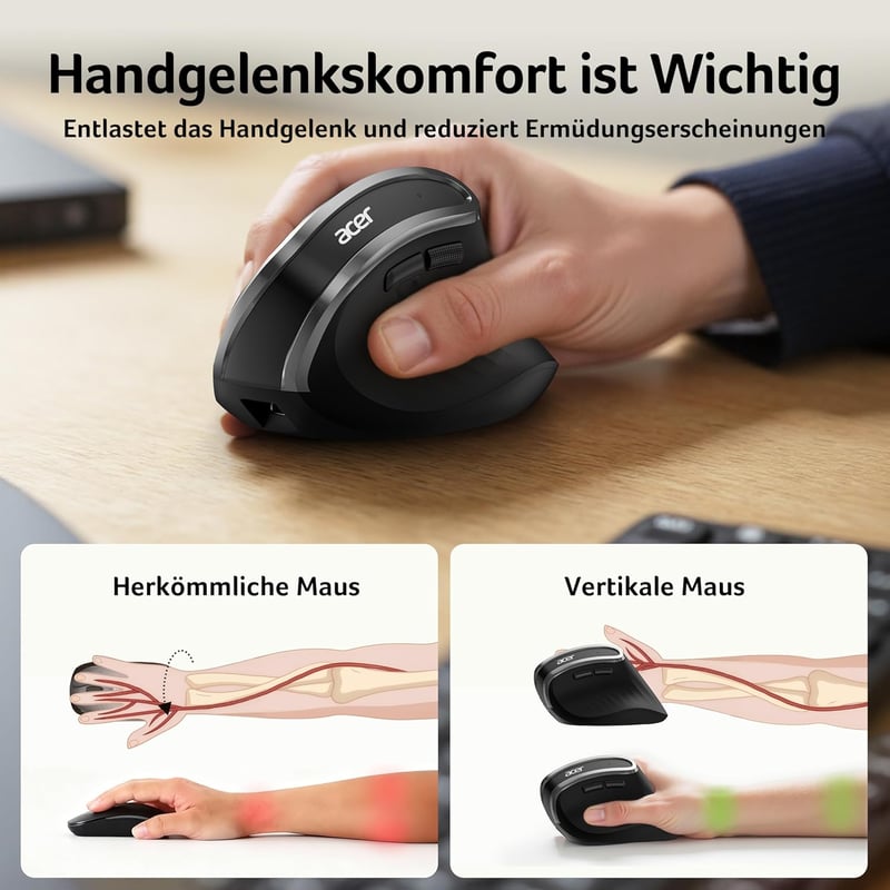 Acer 2.4G ergonomikus vezeték nélküli egér, 1600 DPI, vertikális optikai, USB-A vevővel, Windows/macOS/Linux kompatibilis