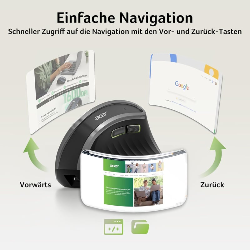 Acer 2.4G ergonomikus vezeték nélküli egér, 1600 DPI, vertikális optikai, USB-A vevővel, Windows/macOS/Linux kompatibilis