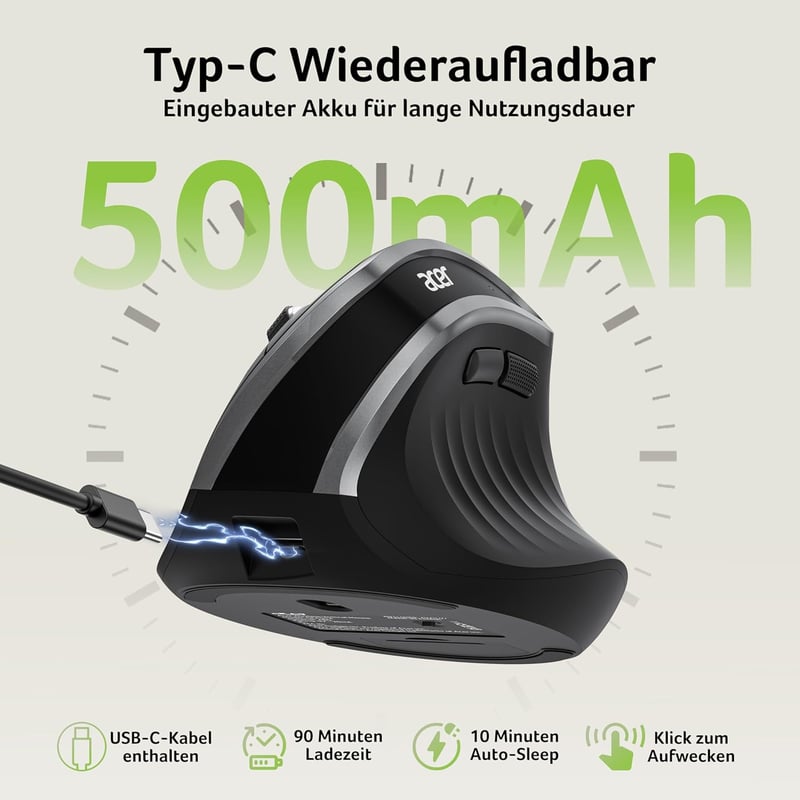 Acer 2.4G ergonomikus vezeték nélküli egér, 1600 DPI, vertikális optikai, USB-A vevővel, Windows/macOS/Linux kompatibilis