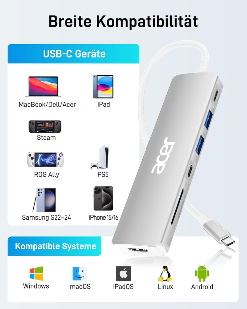Acer 7 az 1-ben USB-C Hub HDMI 4K, 100W töltés, SD kártyaolvasó