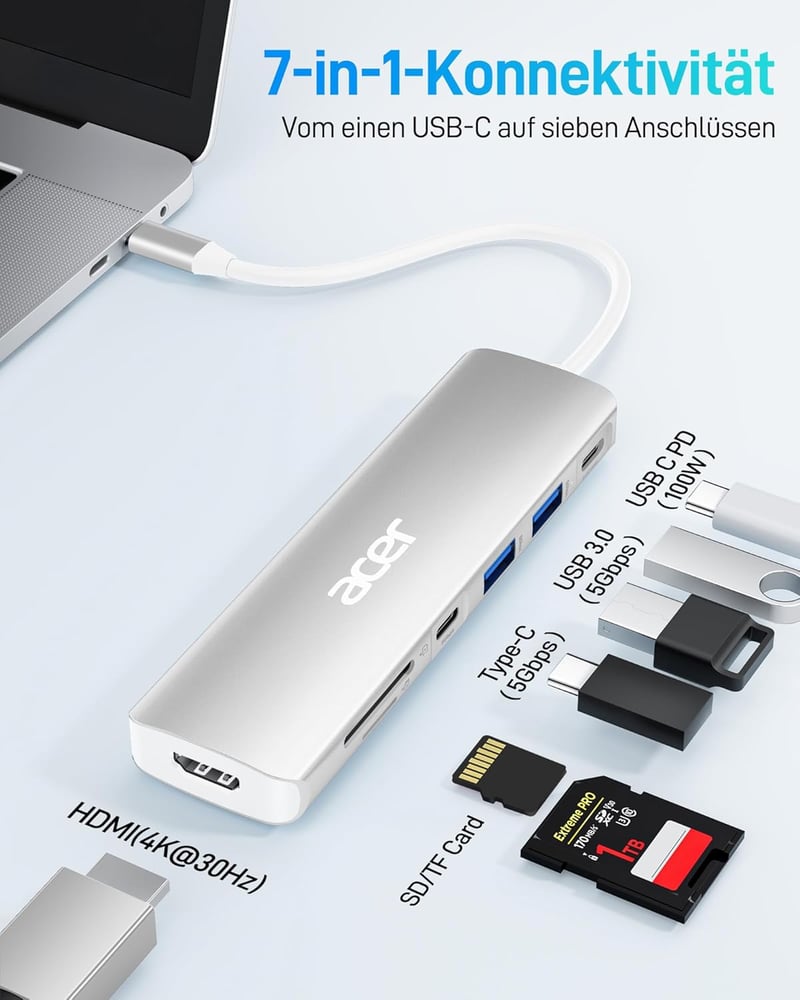 Acer 7 az 1-ben USB-C Hub HDMI 4K, 100W töltés, SD kártyaolvasó