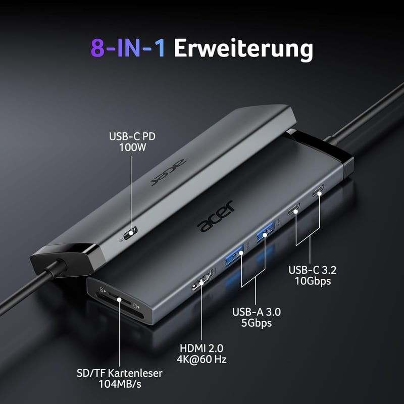 Acer 8 az 1-ben USB-C Hub 10Gbps 4K HDMI Docking Station 100W PD