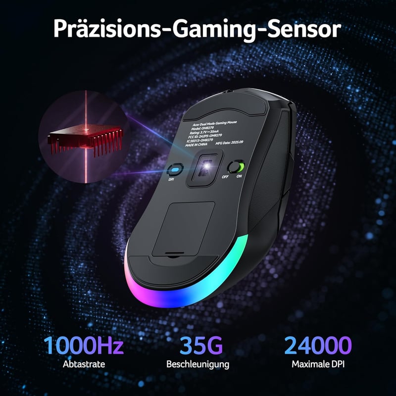Acer Gaming Egér Dual Mode 24K DPI Wireless RGB Programozható Bal és Jobbkezes