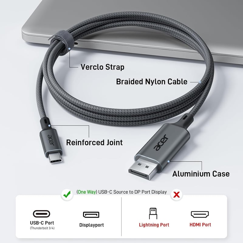 Acer USB-C DisplayPort kábel 4K@60Hz Thunderbolt 3/4 MacBook iPad Pro iPhone 15/16 3m