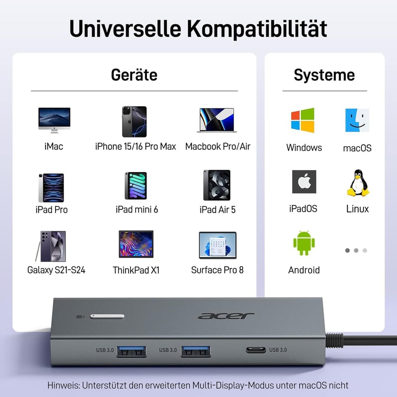 acer USB-C dokkoló állomás 9 az 1-ben, Dual HDMI 4K, 3x USB-A, 100W PD, kártyaolvasó