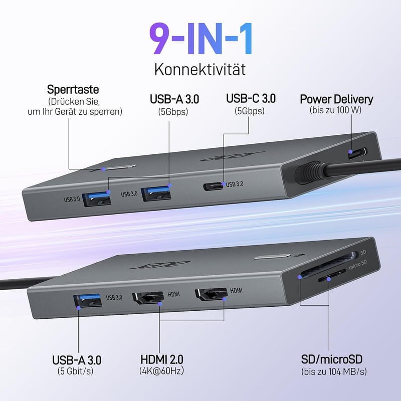 acer USB-C dokkoló állomás 9 az 1-ben, Dual HDMI 4K, 3x USB-A, 100W PD, kártyaolvasó